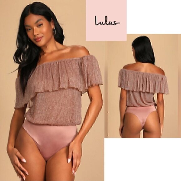 Lulus Tops - 🆕Leveling Up the Look Mauve Metallic Off-the-Shoulder Bodysuit Size Medium 6-8